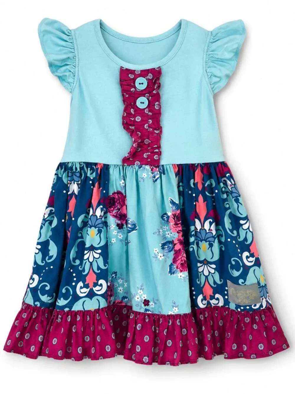 EleaNor Rose Girls Blue Floral Ruffle Dress Size 3/4 Boutique Cottagecore